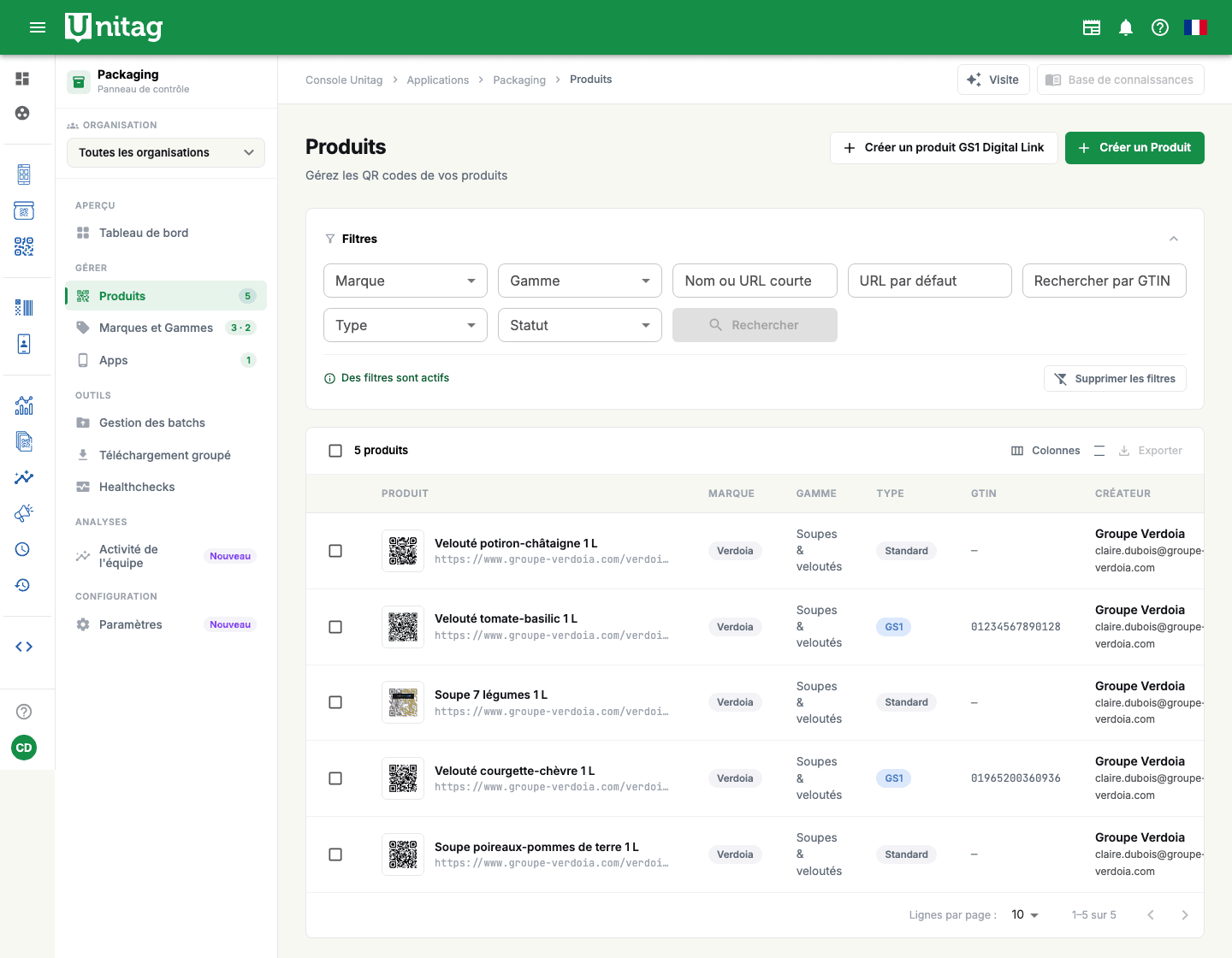 Console Unitag, tableau de bord Packaging : recherche, filtres et liste des produits Verdoia avec marque, gamme, type et GTIN
