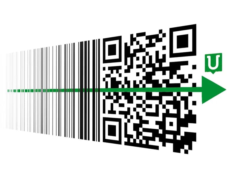 The traditional EAN barcode transitioning into a GS1-compliant 2D QR Code, with a Unitag green arrow showing the direction of travel