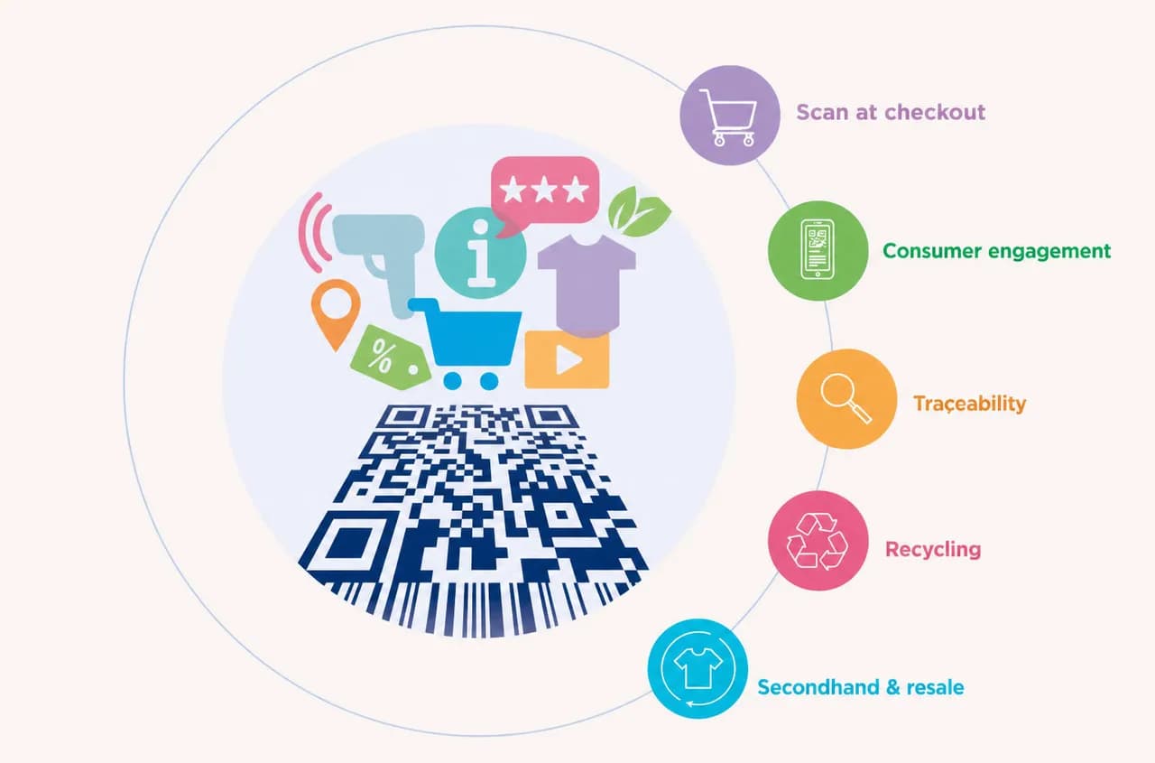 GS1 Digital Link use cases on a single QR Code: scan at checkout, consumer engagement, traceability, recycling, and secondhand and resale