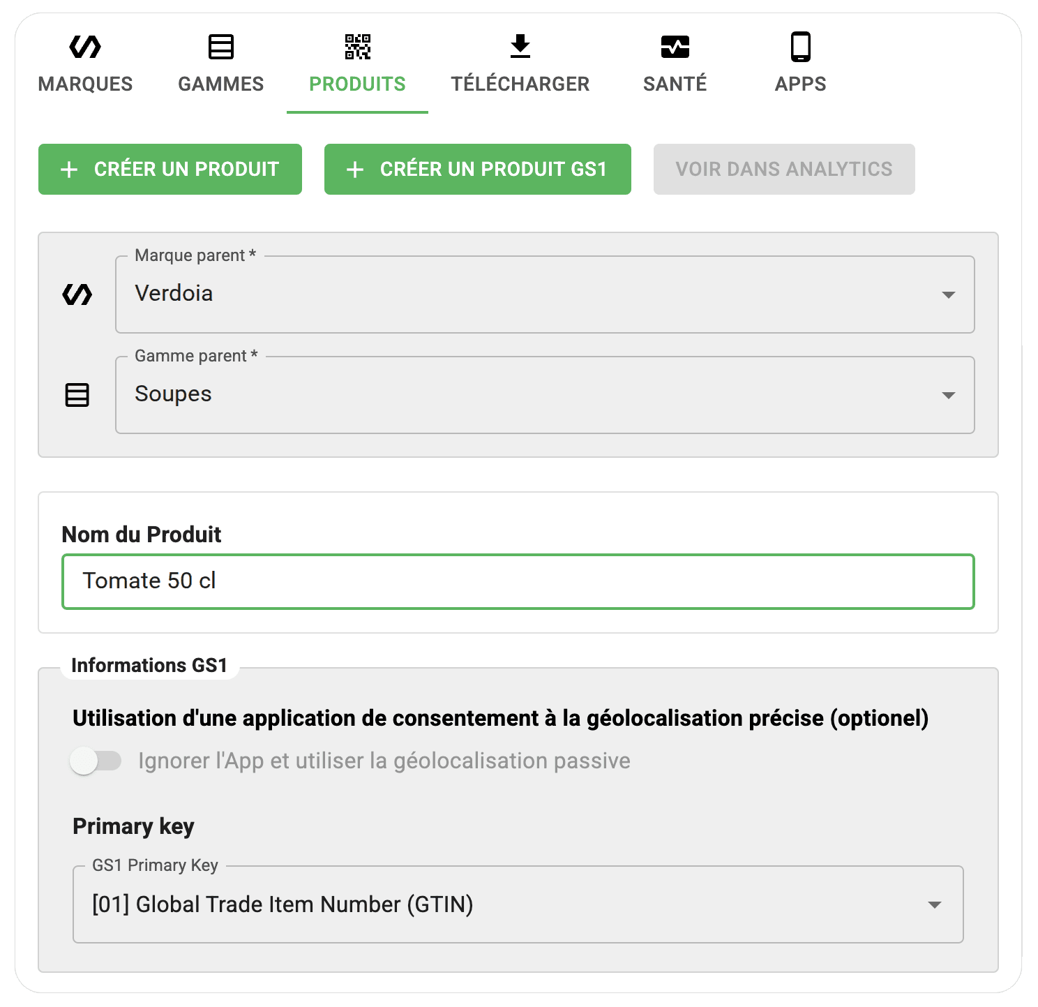 Console Unitag : tableau de bord produit GS1 avec redirections et statistiques
