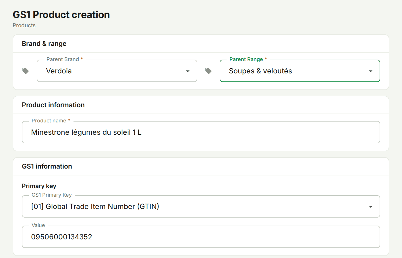 Unitag console: creating a GS1 product with brand, range and GTIN primary key